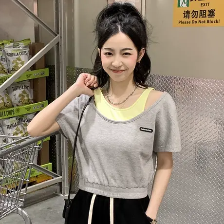 唐狮假两件紧身短袖T恤女夏季休闲短款辣妹宽松上衣时髦体恤商品大图