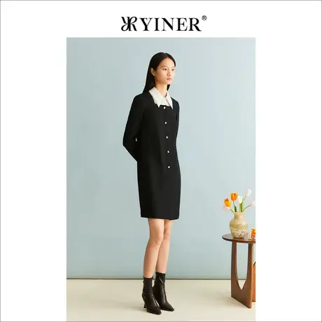 YINER音儿女装冬季法式优雅含绵羊毛撞色双层翻领连衣裙商品大图