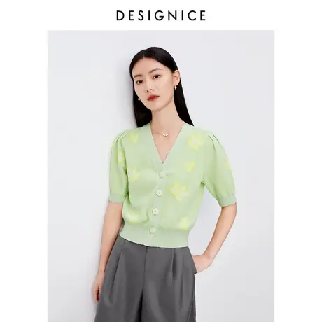 迪赛尼斯2023夏季新款v领简约清新绿色气质宽松短袖针织衫女上衣图片
