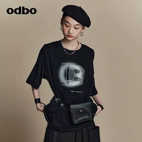 odbo/欧迪比欧原创设计感字母印花五分袖T恤女夏季2023年新款上衣商品大图