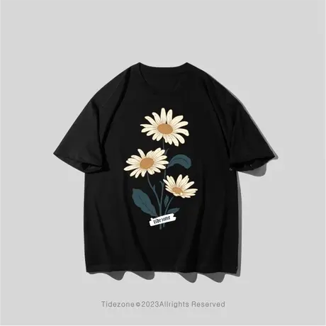 Ohlyah短袖T恤男女同款夏季潮牌街头植物3朵小雏菊印花半袖上衣图片