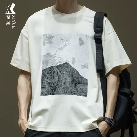 赛络原棉短袖T恤男2024潮牌春夏宽松大码创意印花男士五分袖体恤商品大图