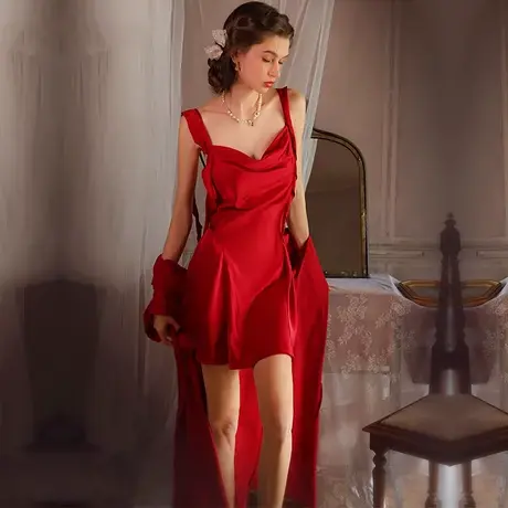 睡衣女性感吊带睡裙冰丝薄款纯欲丝绸荡领开叉新娘结婚睡衣家居服商品大图