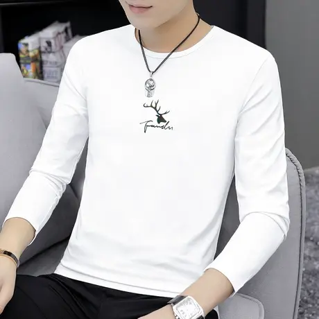莫代尔长袖t恤男2023新款春季白色上衣服内搭打底衫鹿头印花体恤商品大图