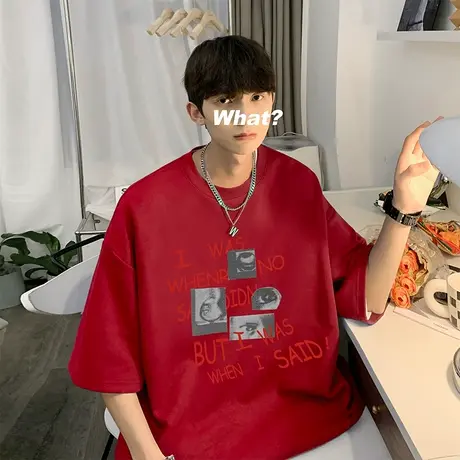 短袖t恤男款夏季薄款港风宽松纯棉半袖上衣服青少年字母印花体恤商品大图