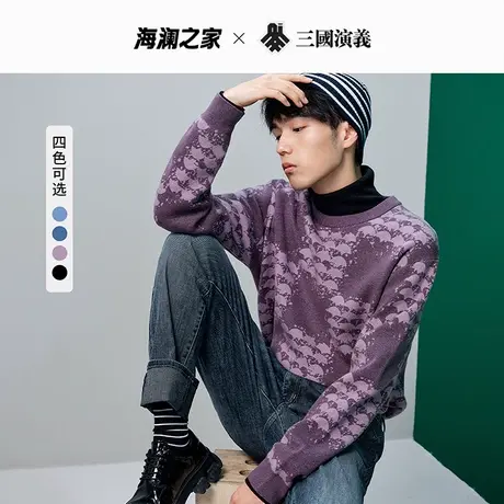 HLA/海澜之家三国系列长袖针织衫秋冬新款盔甲棋盘格黑色毛衣男图片