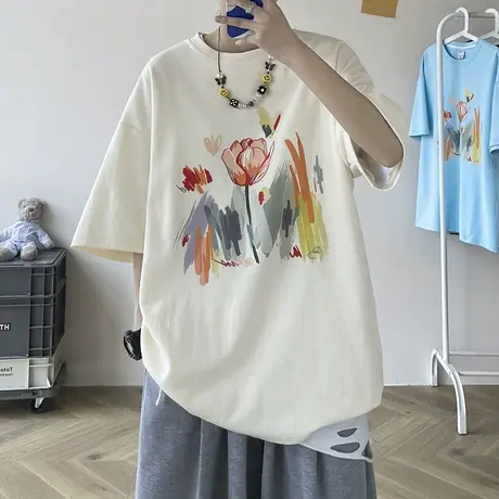 夏季纯棉油彩画印花短袖T恤男2023潮流上衣服薄款宽松体恤打底衫商品大图