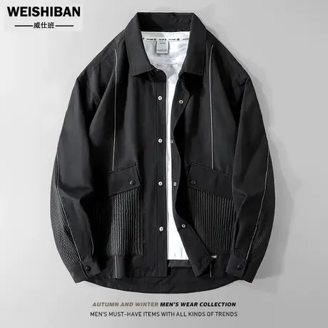 高级感撞色缉明线翻领衬衣式外套男春季2023新款工装拼接口袋夹克商品大图
