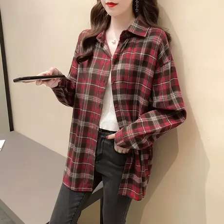 POLO领拼色格子衬衫女2023年秋冬新款女装宽松百搭长袖衬衣外套潮商品大图