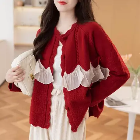 针织外套开衫女秋款女装2023年新款上衣小香风外搭开衫花边毛衣女图片