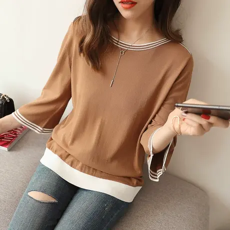 新款春秋装针织衫女套头毛衣短款韩版宽松喇叭袖上衣中袖女装商品大图