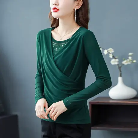 网纱打底衫女秋季新款2023大码长袖t恤女士内搭烫钻时尚修身小衫商品大图
