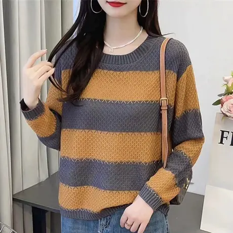 拼色条纹圆领针织衫气质百搭秋冬新款女士上衣打底内衬长袖毛衣女商品大图