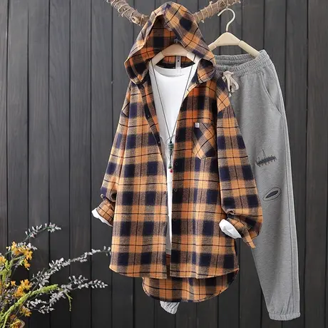 春季新款棉质格子中长款连帽衬衫女长袖复古文艺宽松休闲衬衣外套商品大图