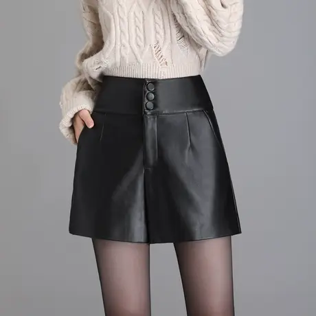 黑色高腰皮短裤女阔腿裤春秋2023新款外穿休闲PU皮裤显瘦百搭靴裤商品大图