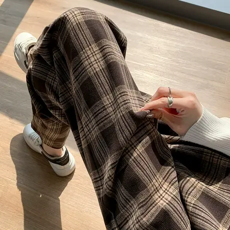 咖啡色格子裤女2023春秋新款高腰宽松显瘦复古九分休闲哈伦萝卜裤商品大图