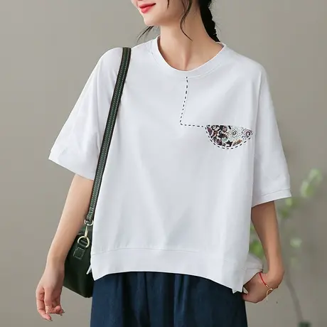 dza复古纯棉白色短袖t恤女士2023春夏新款休闲圆领体恤不规则上衣商品大图