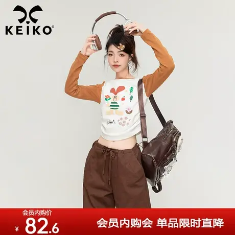 KEIKO 撞色长袖t恤女2023秋季可爱卡通印花小众抽皱显瘦打底上衣图片