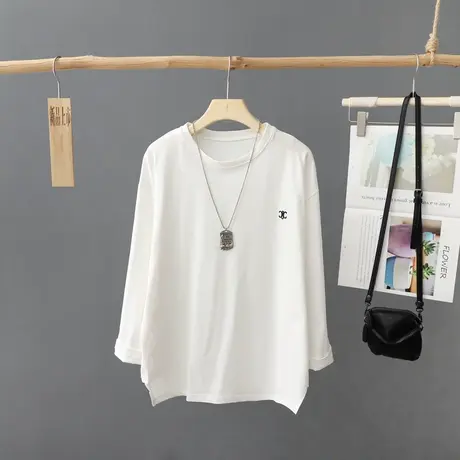 经典简约百搭白t恤女长袖2023年秋装新款韩版刺绣打底体恤衫上衣图片