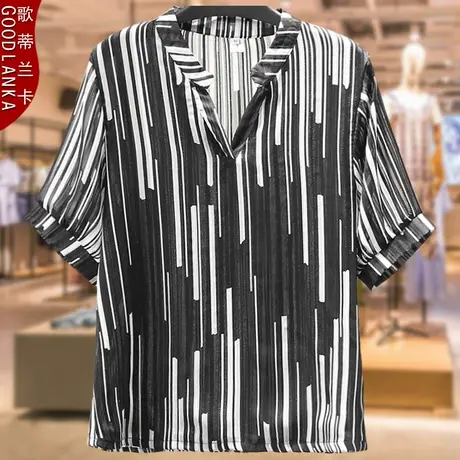 中年妈妈夏季雪纺衫薄款洋气高贵加肥加大码女装宽松条纹短袖上衣商品大图