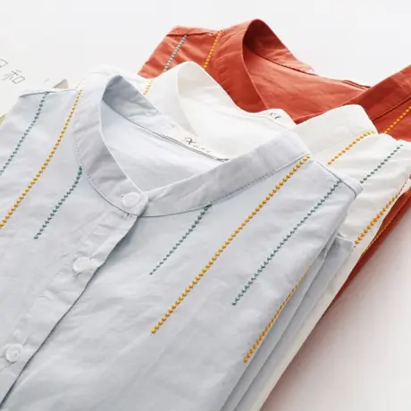 2018春新款小清新立领刺绣花衬衫女长袖韩版学生百搭宽松打底衬衣图片