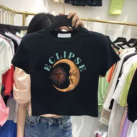 搭配工装裤的高腰短款露脐上衣女2023网红t恤女韩版修身百搭短袖商品大图