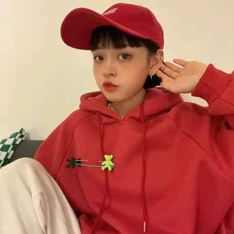 红续回形针小熊加绒加厚连帽卫衣女小个子甜妹少女风秋冬外套新款图片