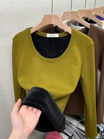 加绒加厚保暖低领打底衫女内搭秋冬时尚洋气百搭上衣基础长袖t恤商品大图