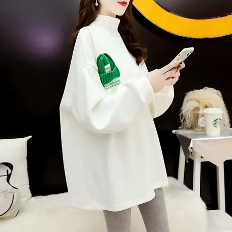 半高领长袖t恤女春秋韩版宽松大码中长款早春加绒小衫内搭打底衫图片