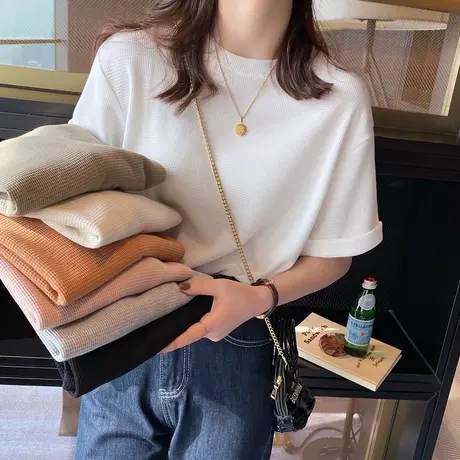 超火cec半袖T恤女夏装2023新款宽松显瘦百搭华夫格闺蜜装上衣半袖商品大图