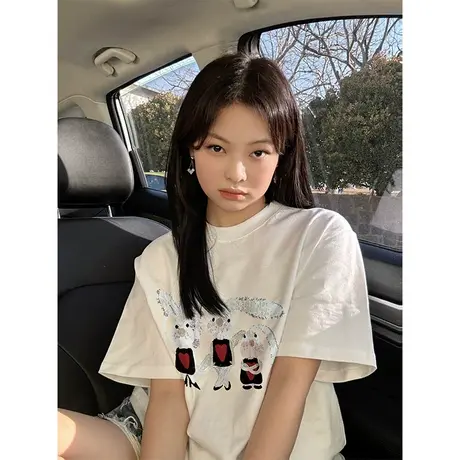 白色重磅纯棉短袖女夏季t恤小众设计感正肩圆领宽松oversize上衣商品大图