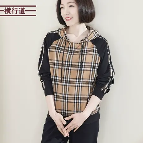 连帽抽绳拼接格子长袖T恤女宽松外穿休闲2023新款冬装撞色打底衫商品大图