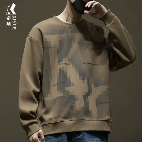 希越美式360克重磅双面棉卫衣男秋季宽松大码圆领印花潮牌打底衫商品大图