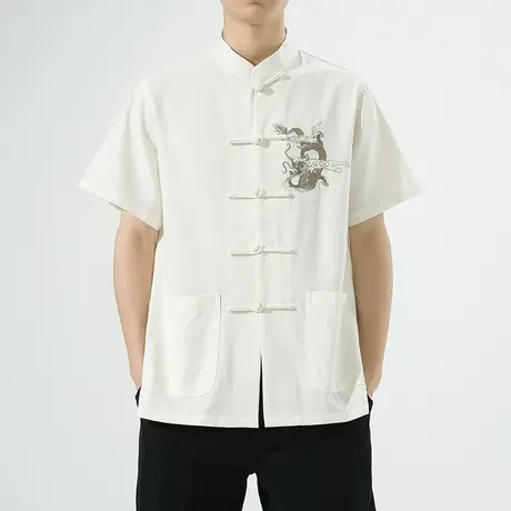 新中式棉麻衬衫男短袖刺绣盘扣亚麻衬衣半袖中国风男装唐装上衣服商品大图