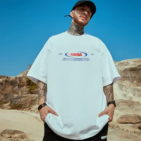国潮简约潮牌nasa印花短袖t恤男潮流宽松加肥加大码半袖体恤夏装商品大图
