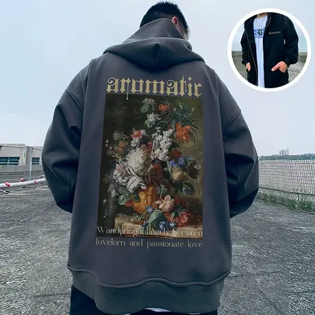 拉链灰色卫衣春秋冬季开衫oversize大码宽松加绒连帽胖子男生外套图片