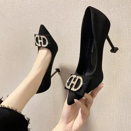 2023春款法式少女尖头水钻扣高跟鞋性感百搭浅口细跟工作鞋女单鞋图片