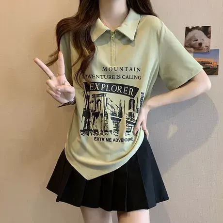 大码女装夏季新款胖mm遮肚子上衣藏肉显瘦polo领正肩短袖t恤200斤商品大图