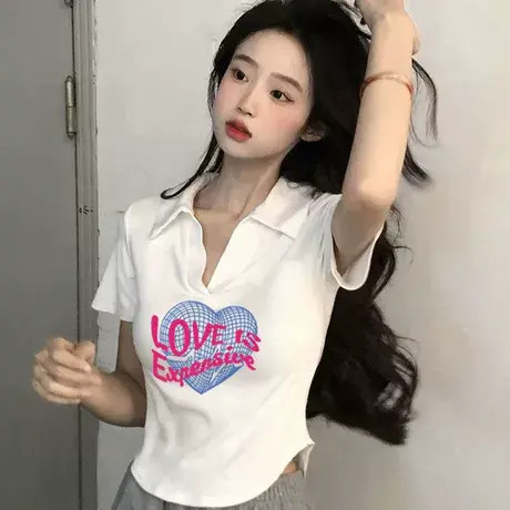 胖mm大码夏季新款修身显瘦遮肉正肩短袖t恤女美式polo领上衣200斤商品大图