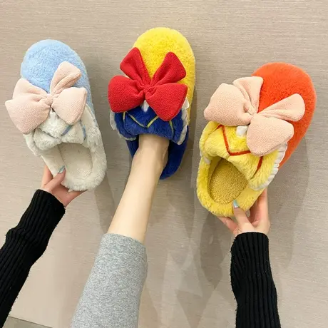 棉拖鞋女秋冬季居家室内可爱蝴蝶结卡通情侣保暖包头半毛毛绒拖鞋图片