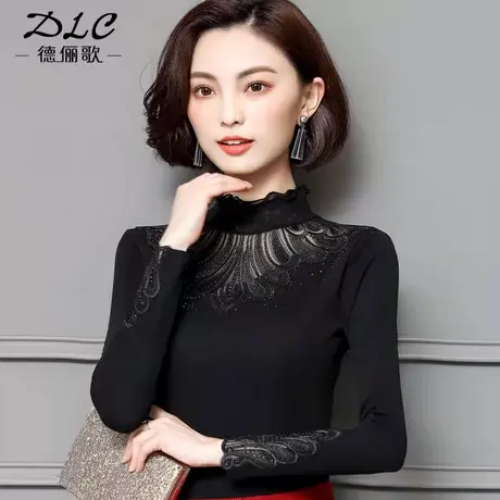 蕾丝打底衫女秋冬百搭长袖高领加绒网纱上衣黑色内搭洋气保暖小衫商品大图