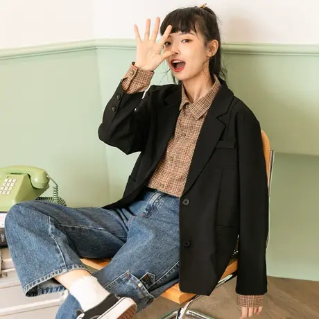 【6折清仓】少女炸街vintage小个子黑色西装外套女韩版英伦风秋季图片