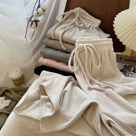 软糯兔绒坑条高腰抽绳针织阔腿裤女春秋宽松显瘦垂感拖地休闲长裤商品大图