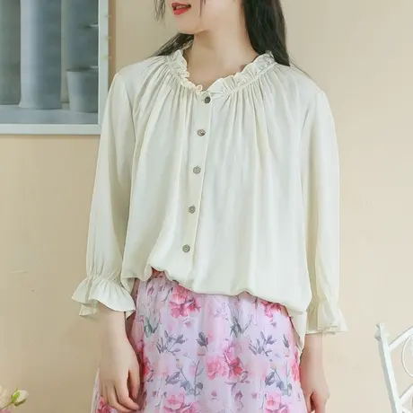 胖妹妹春装2023新款复古棉质奶油色花边袖宫廷风衬衫200斤女商品大图