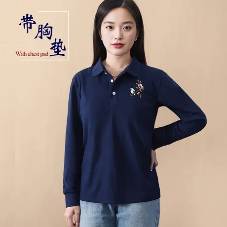 带胸垫长袖polo衫印花上衣女翻领外穿T恤中年妈妈商品大图