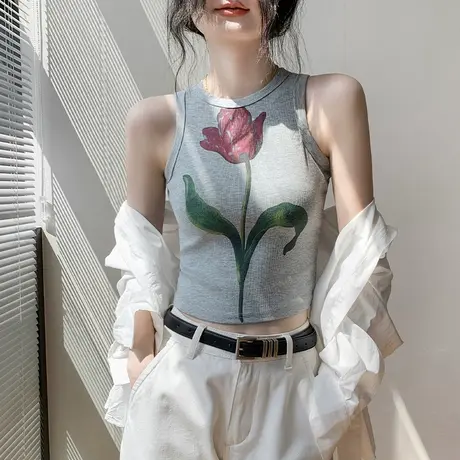 别致圆领花朵印花背心女2025夏季新款衬衫内搭修身显瘦无袖上衣女商品大图