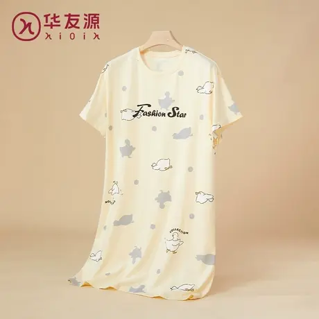 华友源春夏季短袖纯棉女士睡裙卡通印花宽松大码全棉可外穿中长裙商品大图