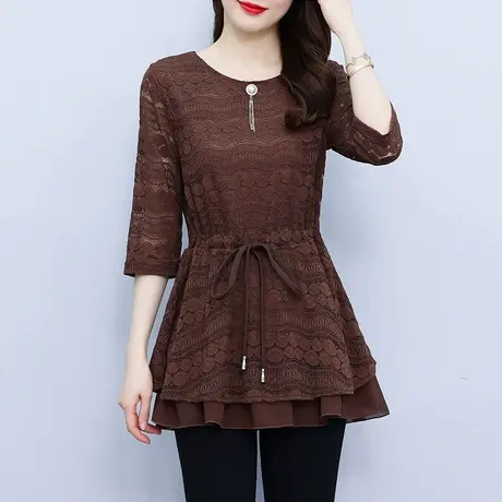 蕾丝衫女夏季2023年新款大码宽松洋气遮肚子女上衣七分袖收腰显瘦商品大图