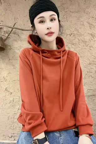 2023秋季新款韩版纯色德绒连帽T恤卫衣女短款宽松百搭简约打底衫商品大图