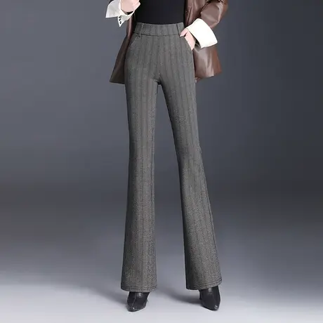 毛呢格纹微喇裤女秋冬2023新款高腰气质修身长裤通勤休闲喇叭裤子商品大图